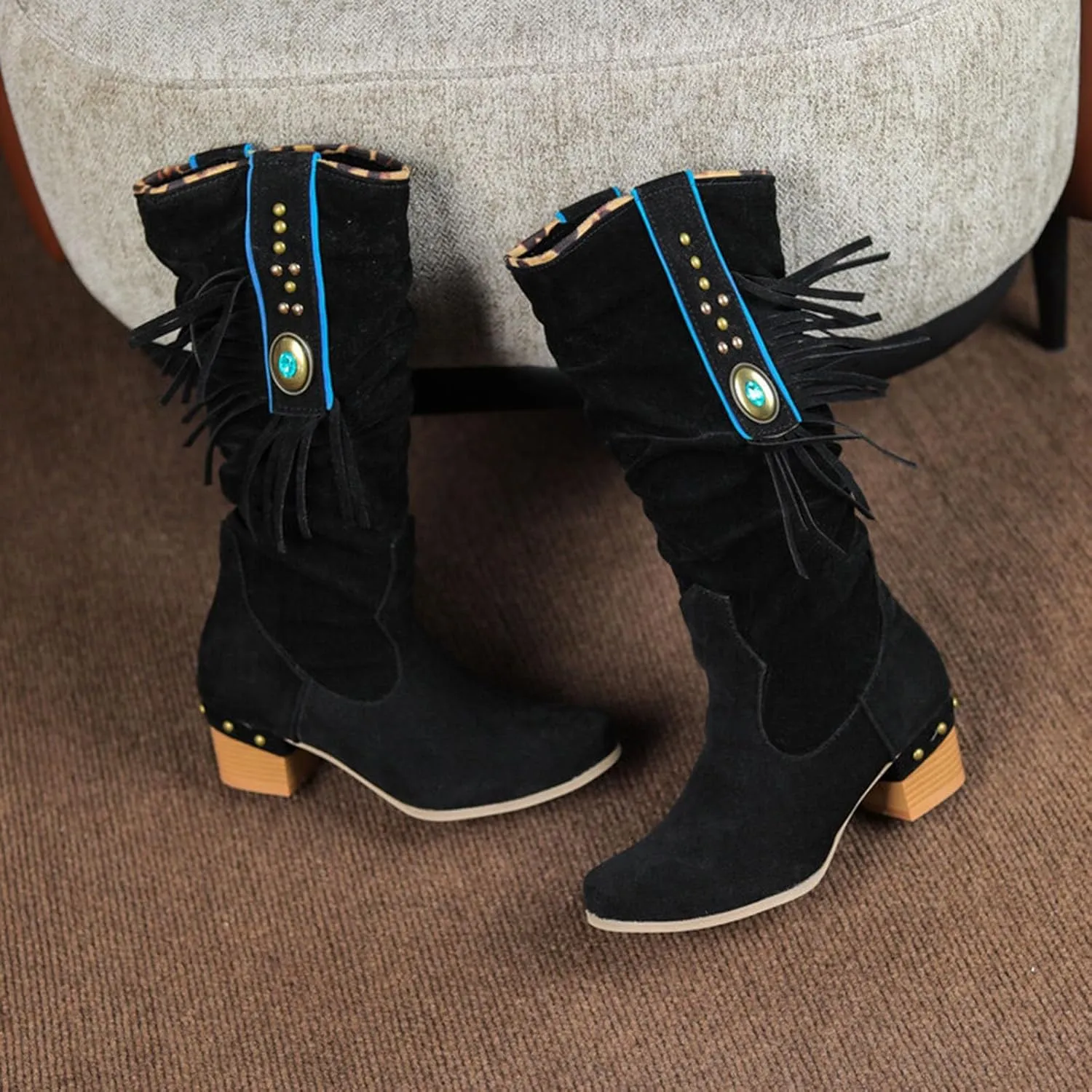 Mid Calf Boots New Women's Knit Boots Breathable Knit Stretch Boots Pointed Toe Square Heel Sleeve Short Boots