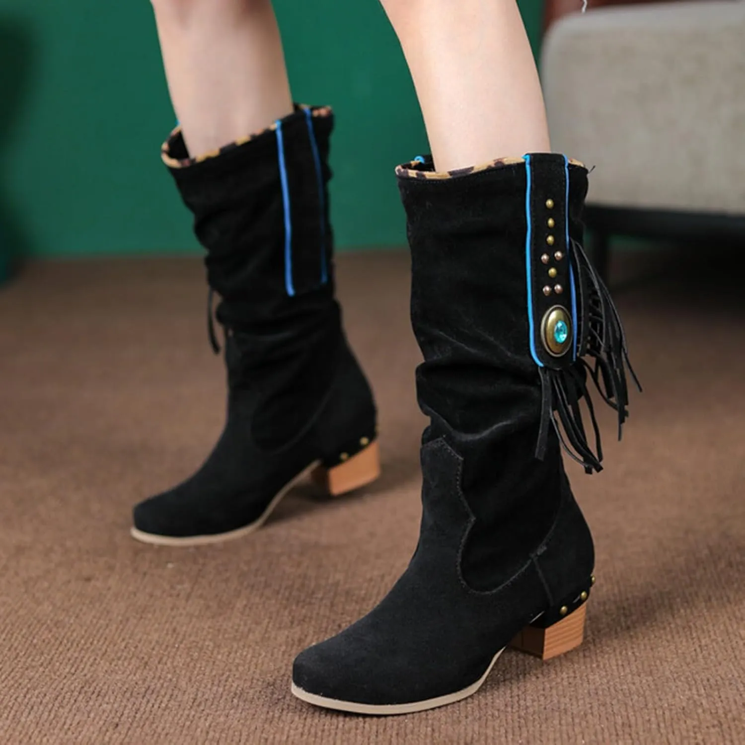 Mid Calf Boots New Women's Knit Boots Breathable Knit Stretch Boots Pointed Toe Square Heel Sleeve Short Boots