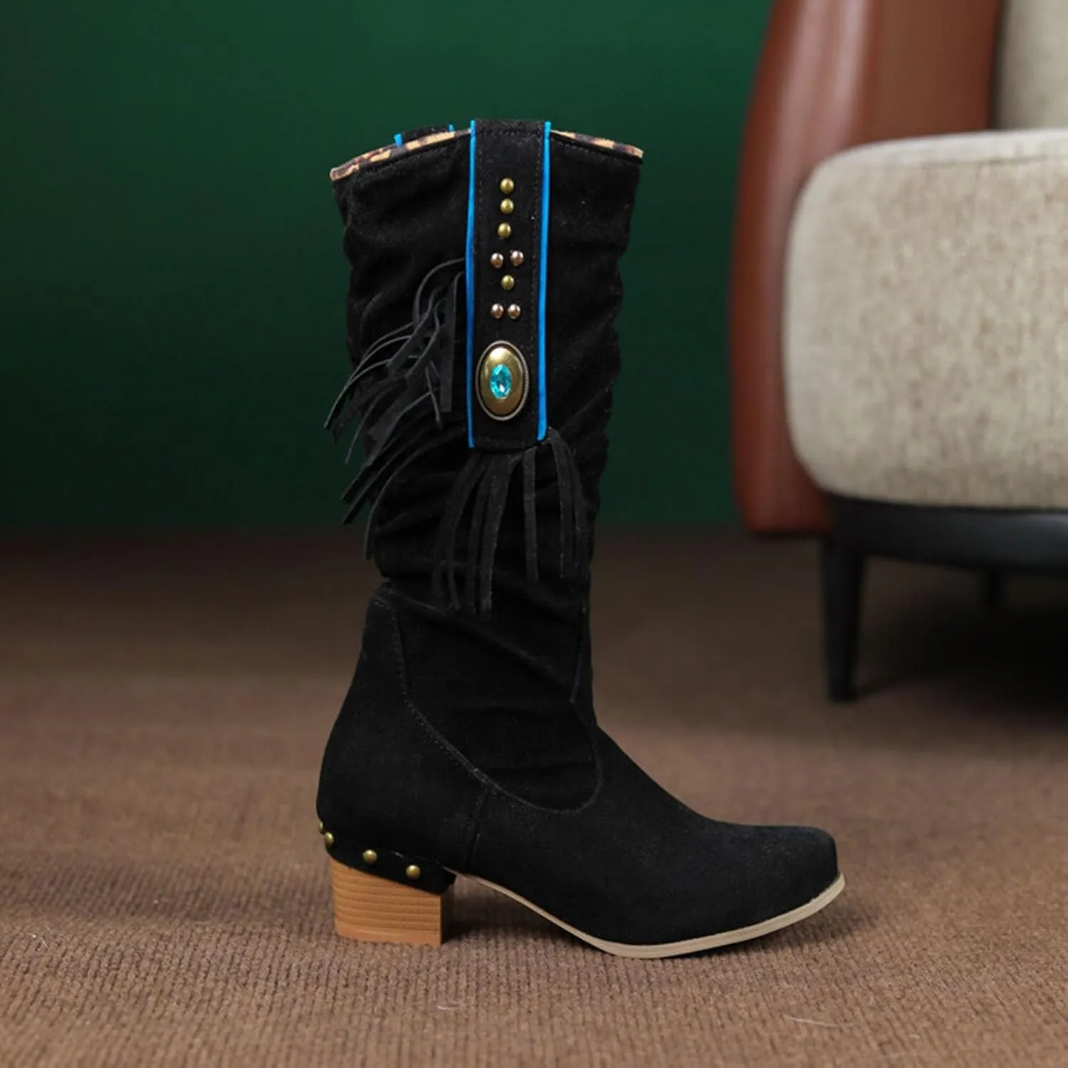 Mid Calf Boots New Women's Knit Boots Breathable Knit Stretch Boots Pointed Toe Square Heel Sleeve Short Boots