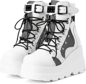 mikarka Holographic Platform Boots for Women, Lace Up Ankle Studded Buckle Goth Stacked Wedge Combat Ankle Boots