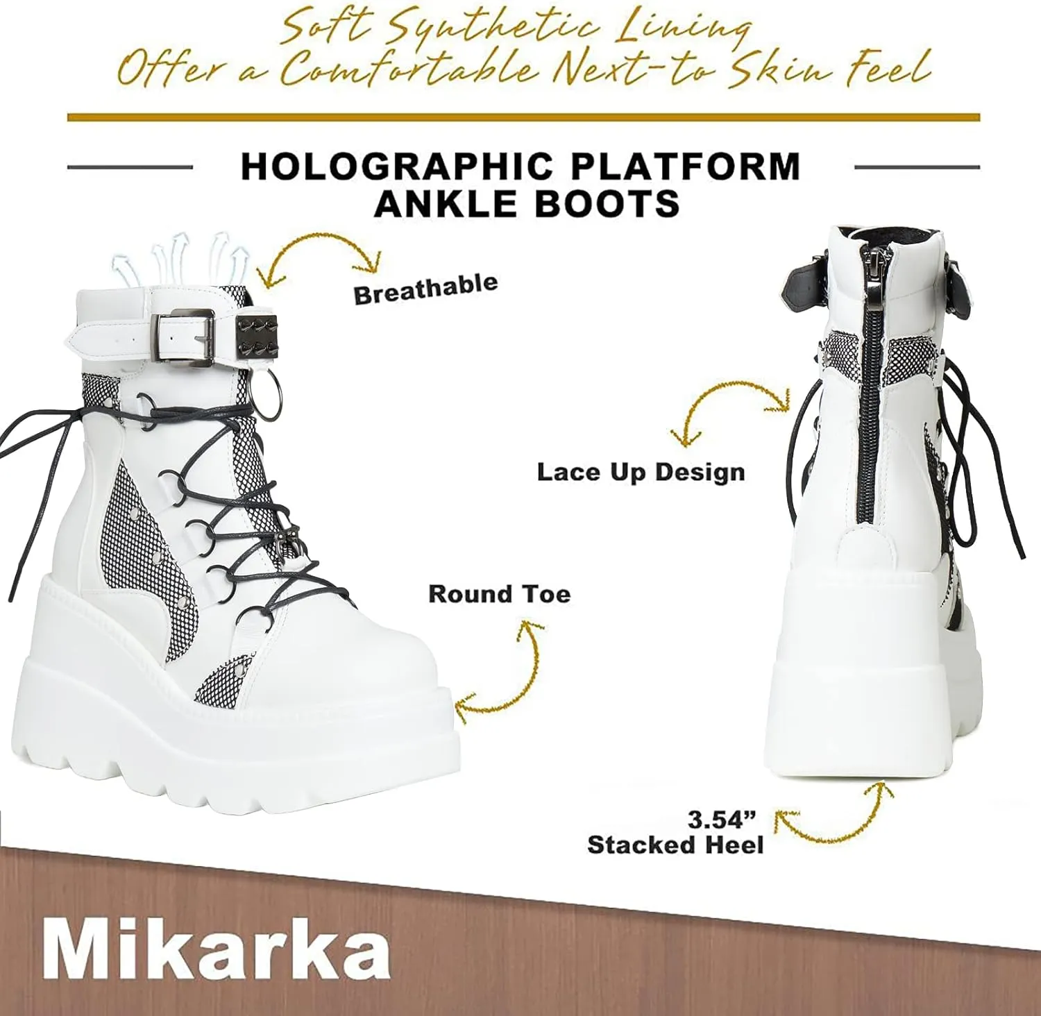 mikarka Holographic Platform Boots for Women, Lace Up Ankle Studded Buckle Goth Stacked Wedge Combat Ankle Boots