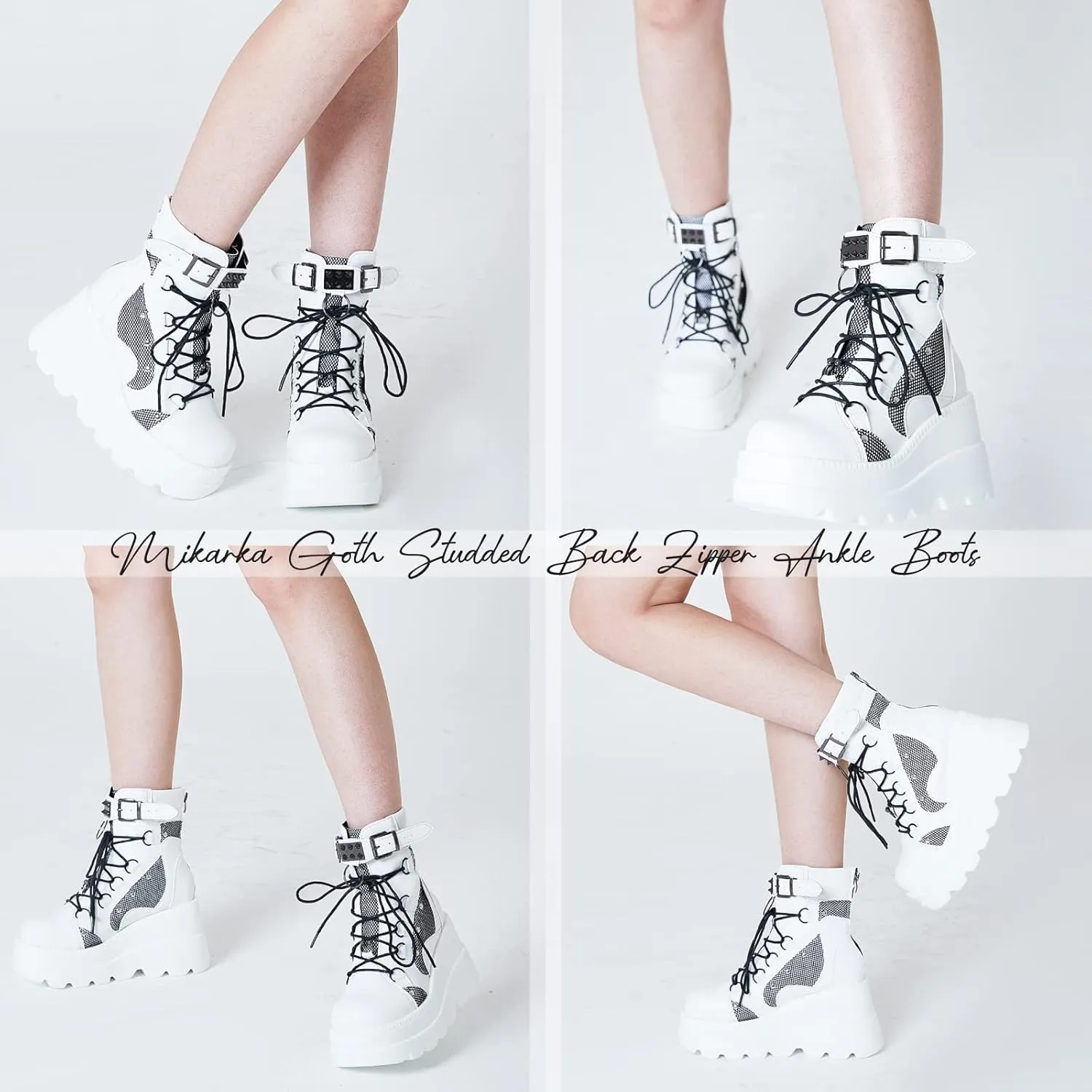 mikarka Holographic Platform Boots for Women, Lace Up Ankle Studded Buckle Goth Stacked Wedge Combat Ankle Boots