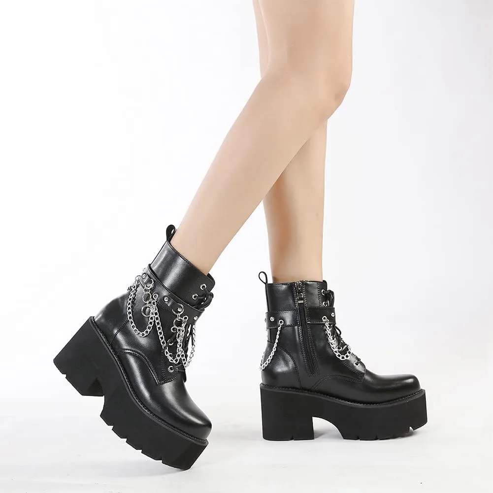 mikarka Women's Chain Platform Boots Lace Up & Zipper Chunky Heel Black Combat Ankle Booties Fashion Studded Motorcycle Boots
