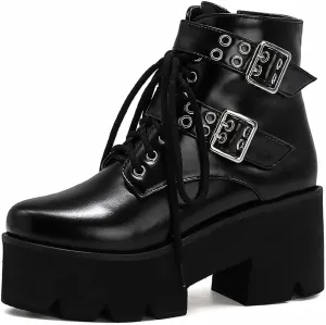 mikarka Women's Chain Platform Boots Lace Up & Zipper Chunky Heel Black Combat Ankle Booties Fashion Studded Motorcycle Boots