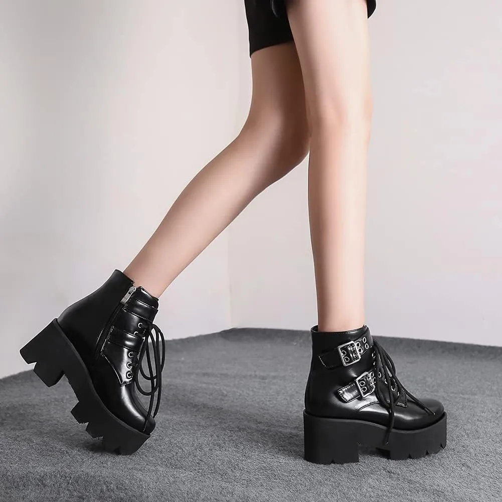 mikarka Women's Chain Platform Boots Lace Up & Zipper Chunky Heel Black Combat Ankle Booties Fashion Studded Motorcycle Boots
