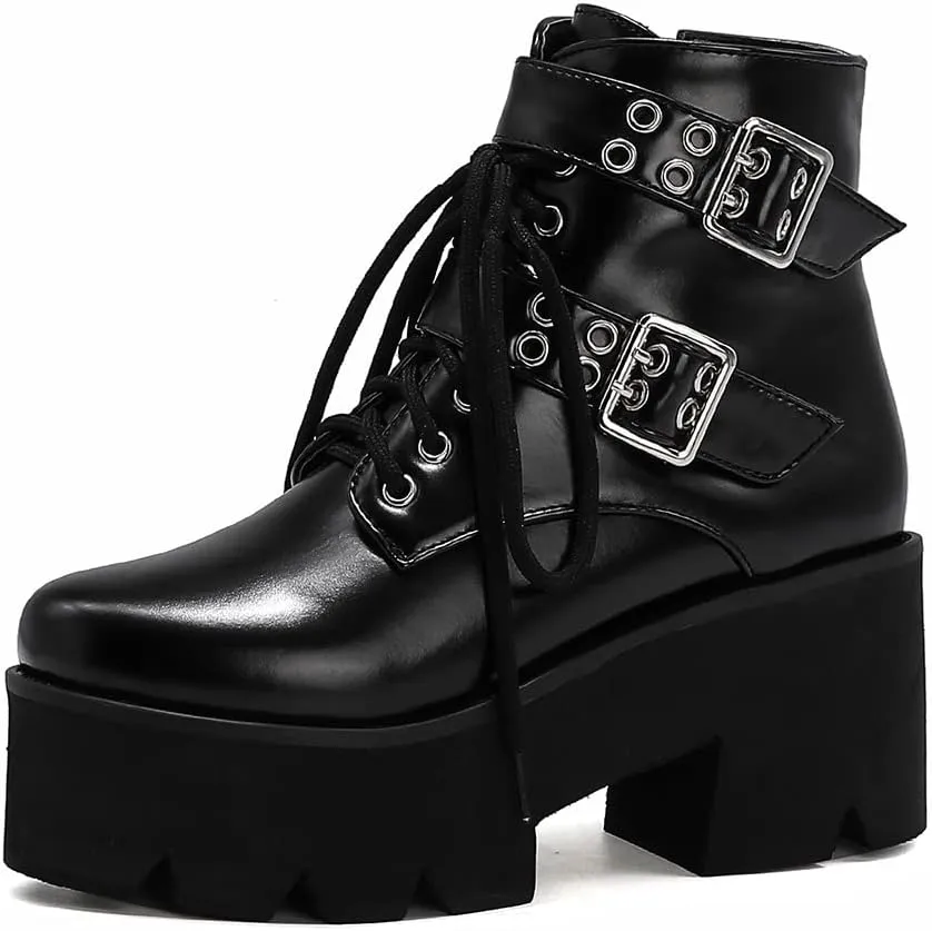 mikarka Women's Chain Platform Boots Lace Up & Zipper Chunky Heel Black Combat Ankle Booties Fashion Studded Motorcycle Boots