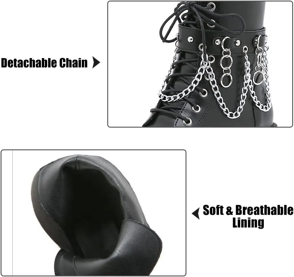 mikarka Women's Chain Platform Boots Lace Up & Zipper Chunky Heel Black Combat Ankle Booties Fashion Studded Motorcycle Boots