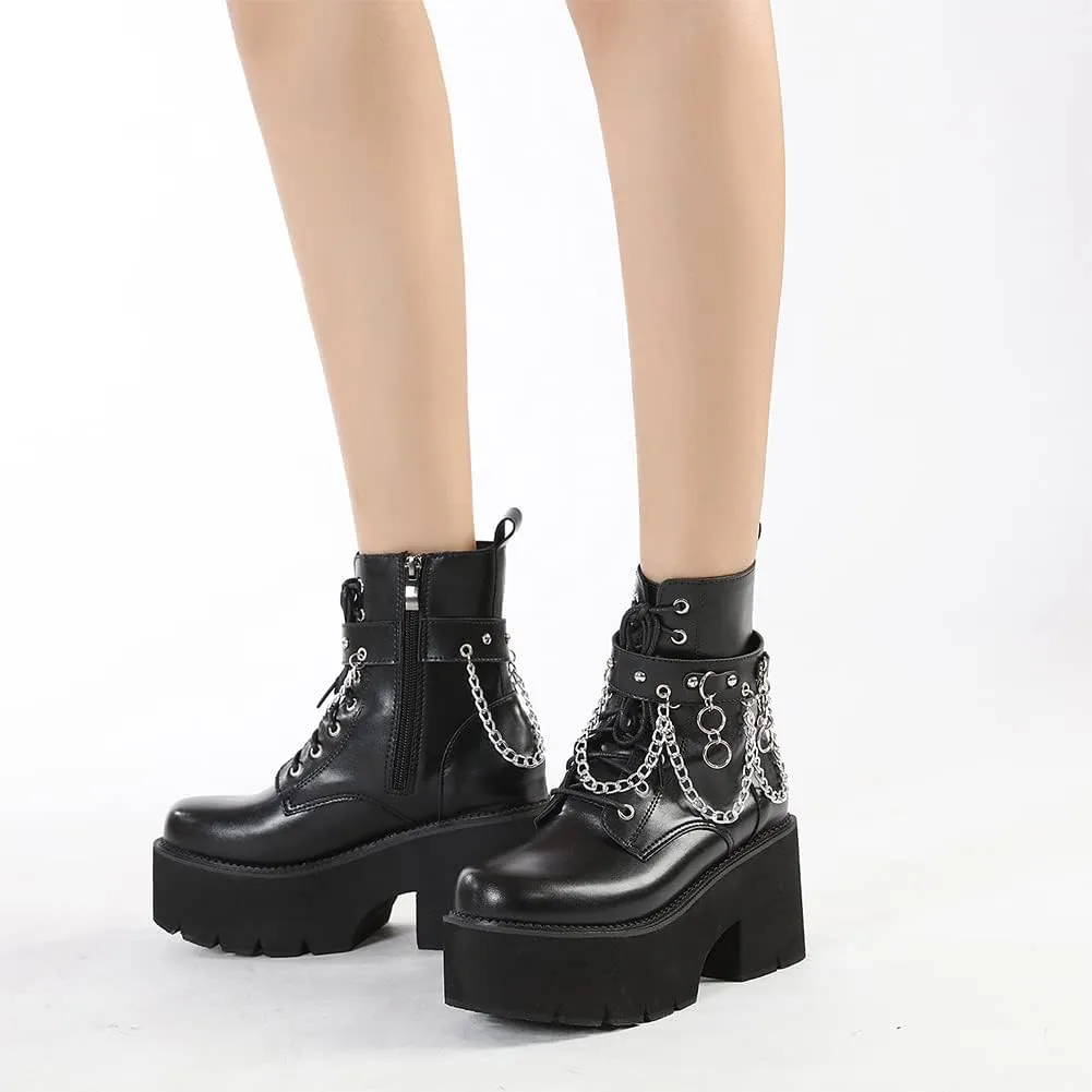 mikarka Women's Chain Platform Boots Lace Up & Zipper Chunky Heel Black Combat Ankle Booties Fashion Studded Motorcycle Boots
