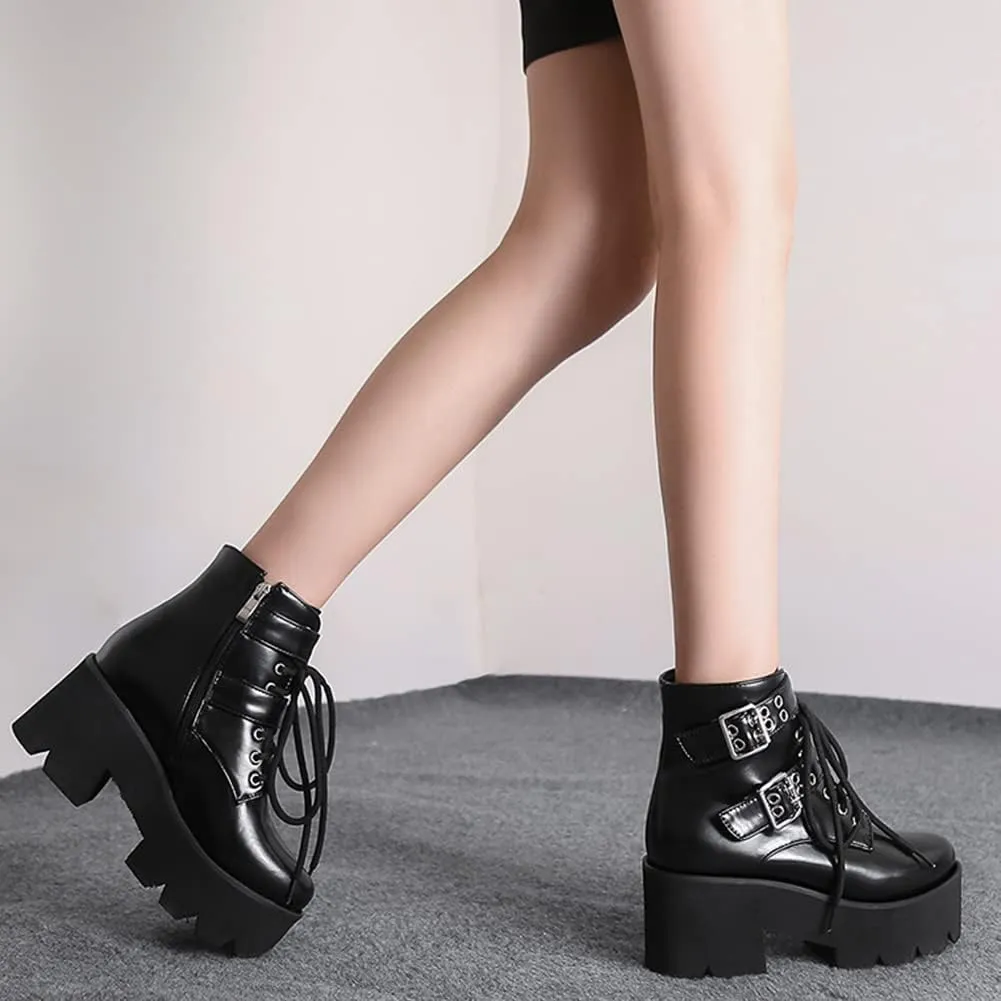 mikarka Women's Chain Platform Boots Lace Up & Zipper Chunky Heel Black Combat Ankle Booties Fashion Studded Motorcycle Boots