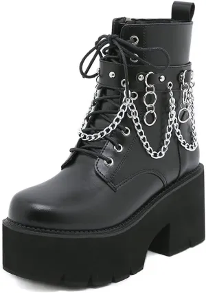 mikarka Women's Chain Platform Boots Lace Up & Zipper Chunky Heel Black Combat Ankle Booties Fashion Studded Motorcycle Boots