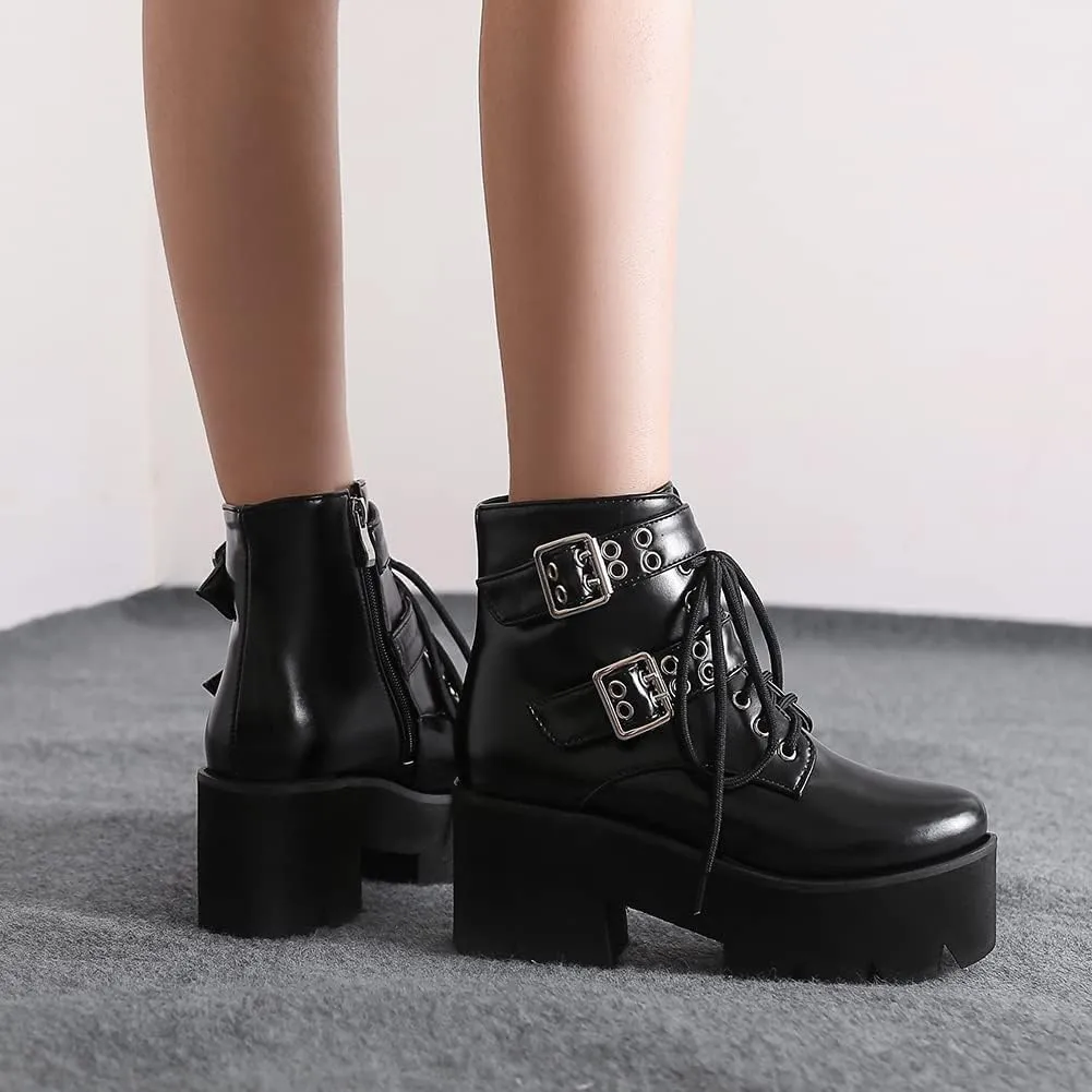 mikarka Women's Chain Platform Boots Lace Up & Zipper Chunky Heel Black Combat Ankle Booties Fashion Studded Motorcycle Boots