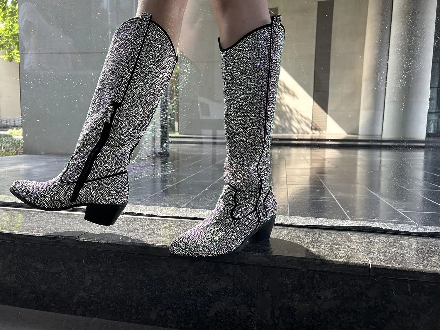 MissHeel Sparkly Rhinestones Knee High Boots Chunky Heels