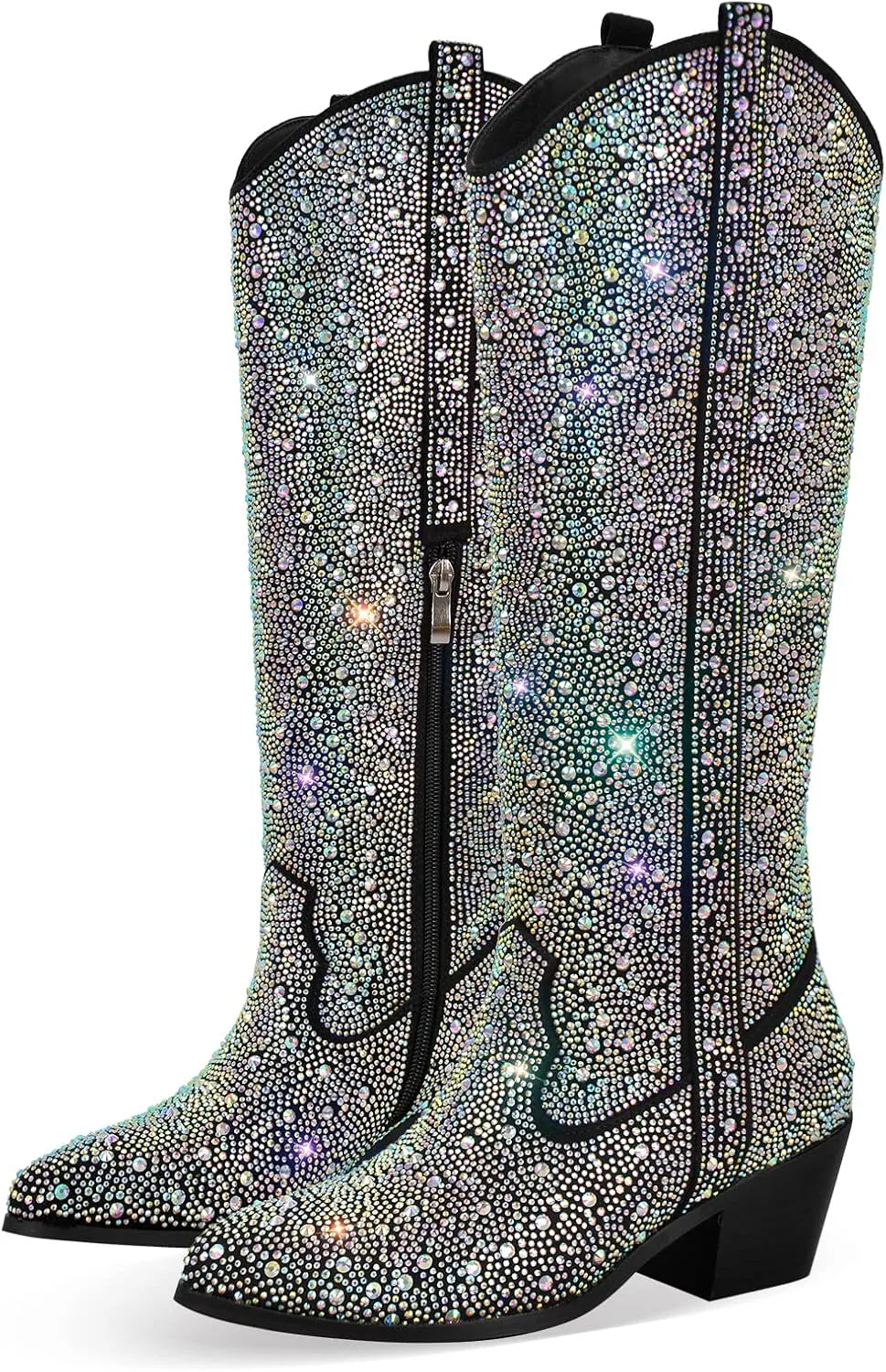 MissHeel Sparkly Rhinestones Knee High Boots Chunky Heels
