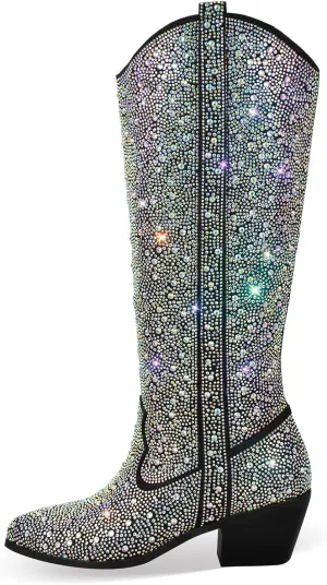 MissHeel Sparkly Rhinestones Knee High Boots Chunky Heels