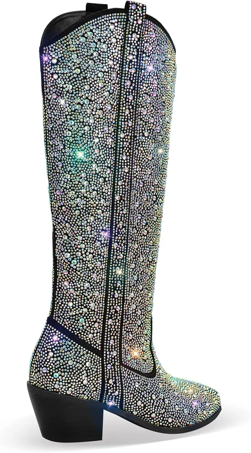 MissHeel Sparkly Rhinestones Knee High Boots Chunky Heels