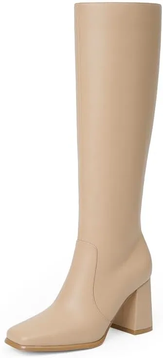 Modatope Knee High Boots Women Chunky Heel Square Toe Tall Boot for Women High Heel Side Zipper Long Boots