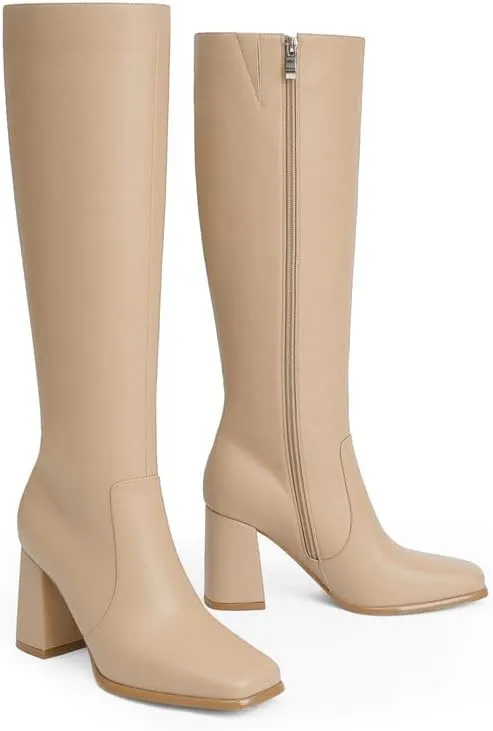 Modatope Knee High Boots Women Chunky Heel Square Toe Tall Boot for Women High Heel Side Zipper Long Boots