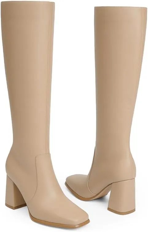 Modatope Knee High Boots Women Chunky Heel Square Toe Tall Boot for Women High Heel Side Zipper Long Boots