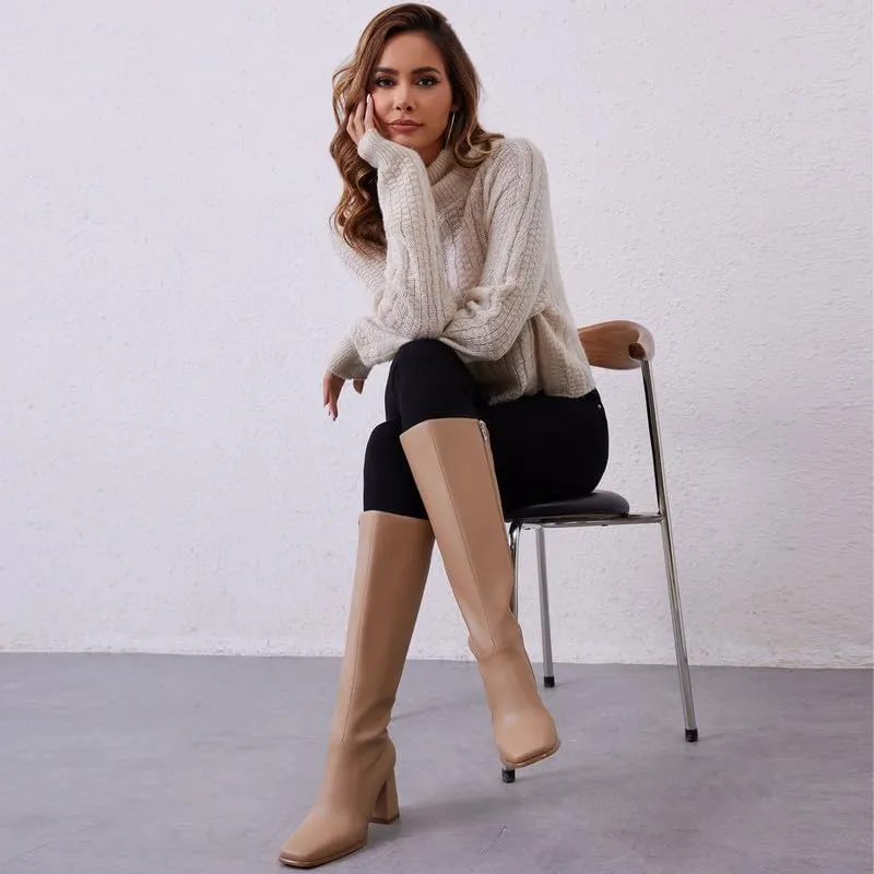 Modatope Knee High Boots Women Chunky Heel Square Toe Tall Boot for Women High Heel Side Zipper Long Boots