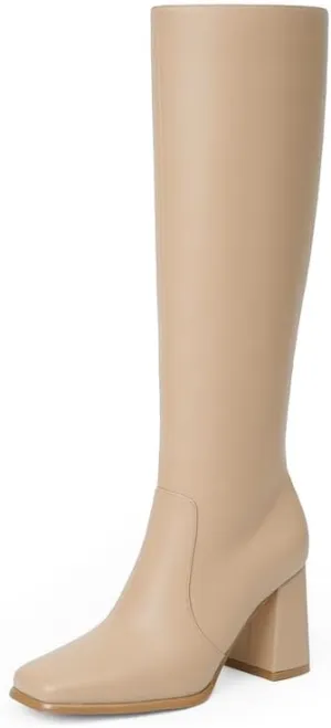 Modatope Knee High Boots Women Chunky Heel Square Toe Tall Boot for Women High Heel Side Zipper Long Boots