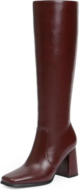 Modatope Knee High Boots Women Chunky Heel Square Toe Tall Boots for Women High Heel Side Zipper Long Boots