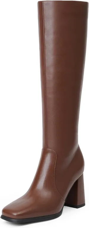 Modatope Knee High Boots Women Chunky Heel Square Toe Tall Boots for Women High Heel Side Zipper Long Boots