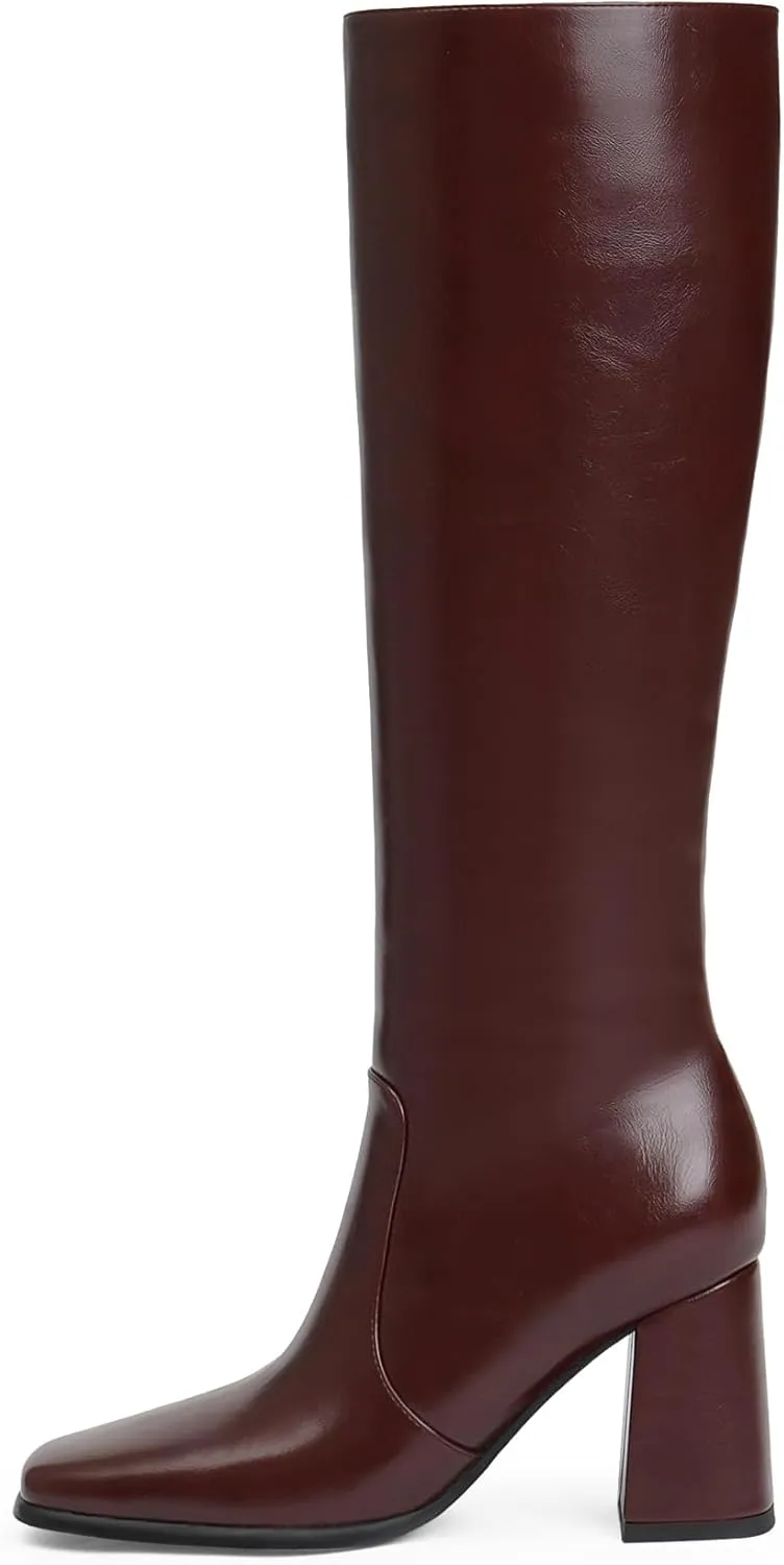 Modatope Knee High Boots Women Chunky Heel Square Toe Tall Boots for Women High Heel Side Zipper Long Boots