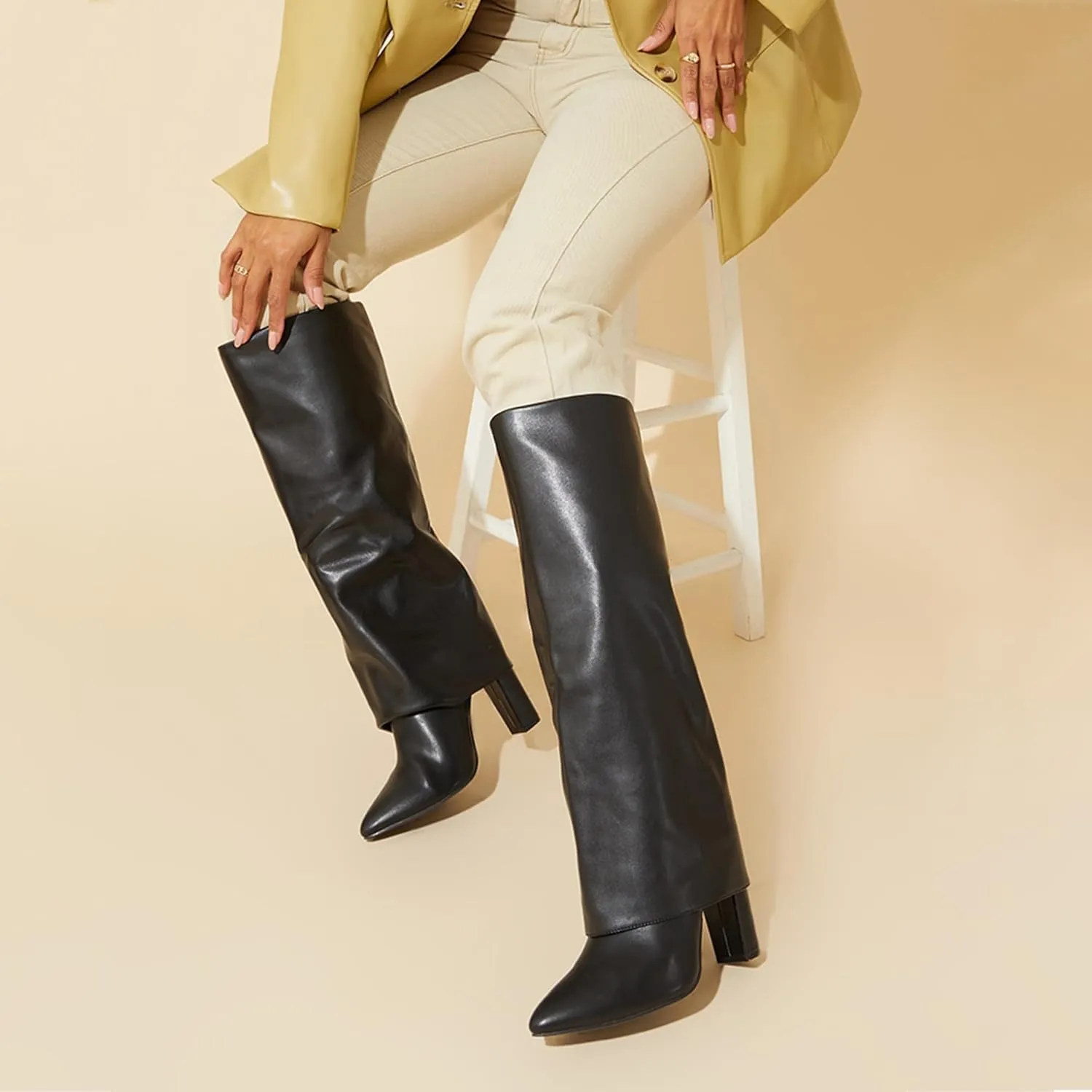 Modatope Knee High Boots Women Fold Over Knee High Boots Chunky High Heels Long Boots Zipper Pointed Toe Dress Tall Boots for Women