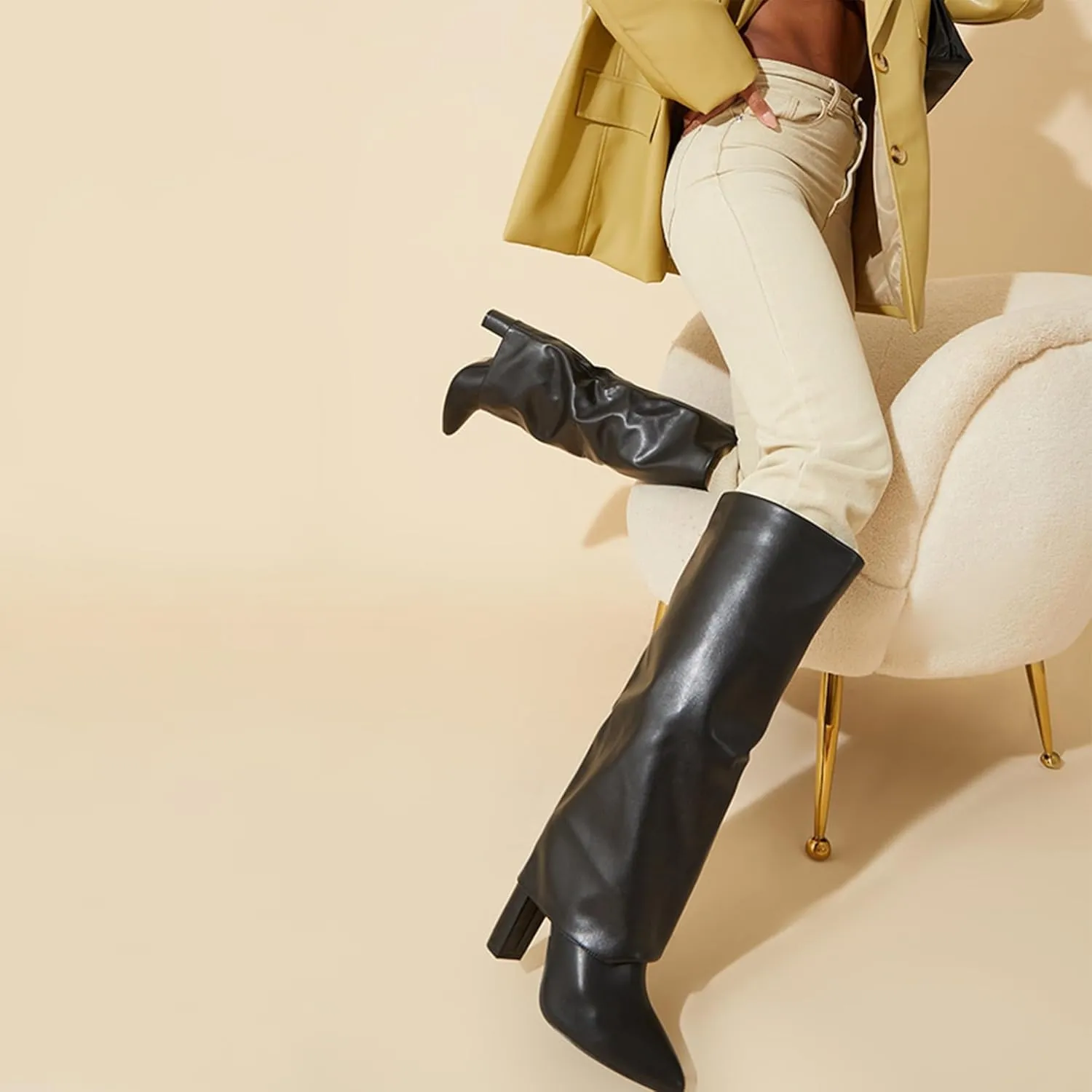 Modatope Knee High Boots Women Fold Over Knee High Boots Chunky High Heels Long Boots Zipper Pointed Toe Dress Tall Boots for Women
