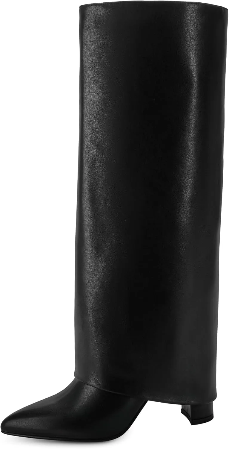 Modatope Knee High Boots Women Fold Over Knee High Boots Chunky High Heels Long Boots Zipper Pointed Toe Dress Tall Boots for Women