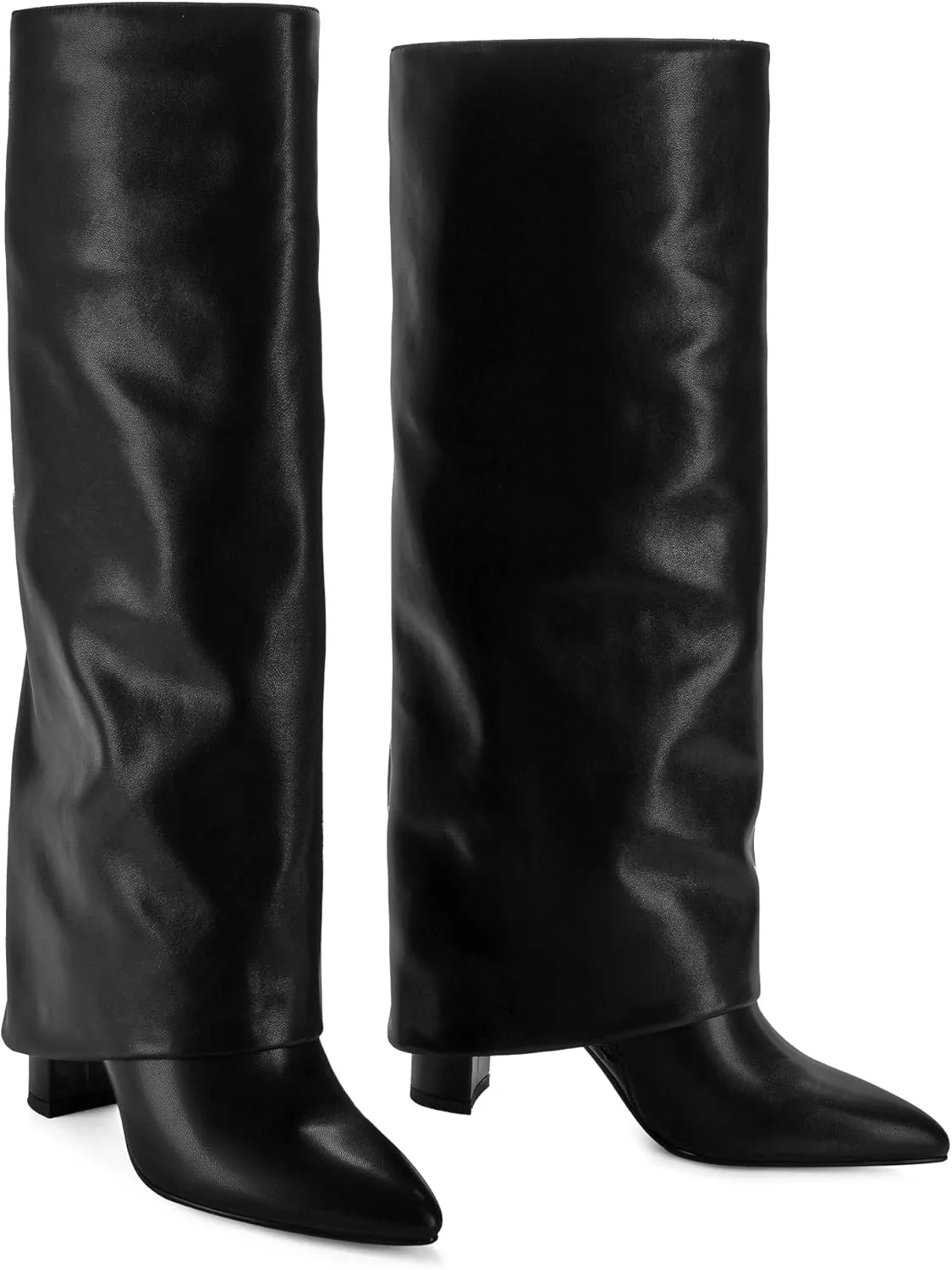 Modatope Knee High Boots Women Fold Over Knee High Boots Chunky High Heels Long Boots Zipper Pointed Toe Dress Tall Boots for Women