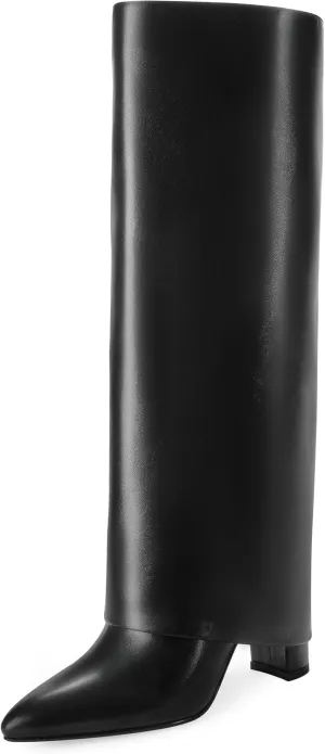 Modatope Knee High Boots Women Fold Over Knee High Boots Chunky High Heels Long Boots Zipper Pointed Toe Dress Tall Boots for Women