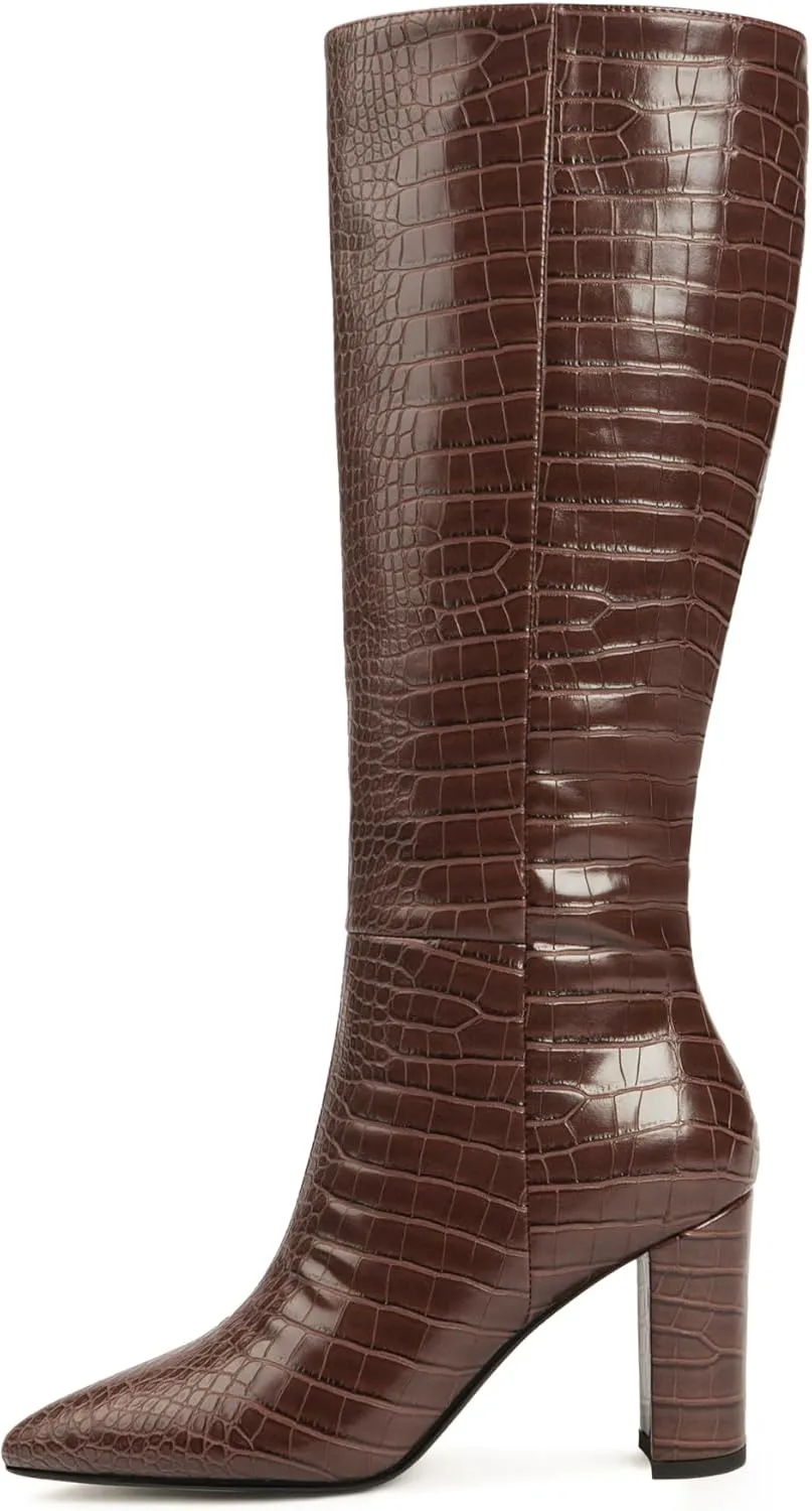Modatope Knee High Women's Riding Boots - Tall, Long Calf High GoGo Chunky Faux Crocodile Boots - Block Heel Pointed Toe - Size 6-11
