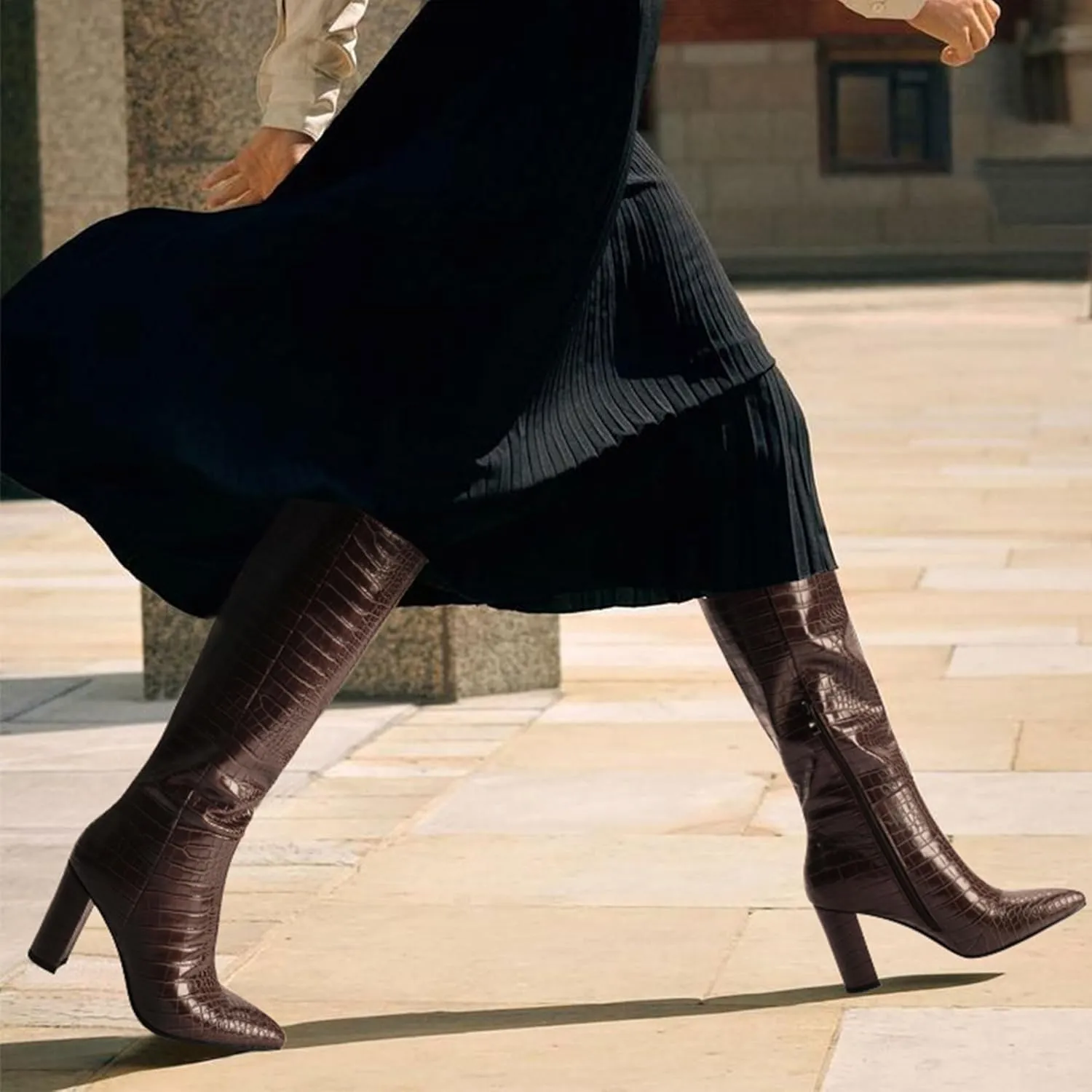 Modatope Knee High Women's Riding Boots - Tall, Long Calf High GoGo Chunky Faux Crocodile Boots - Block Heel Pointed Toe - Size 6-11