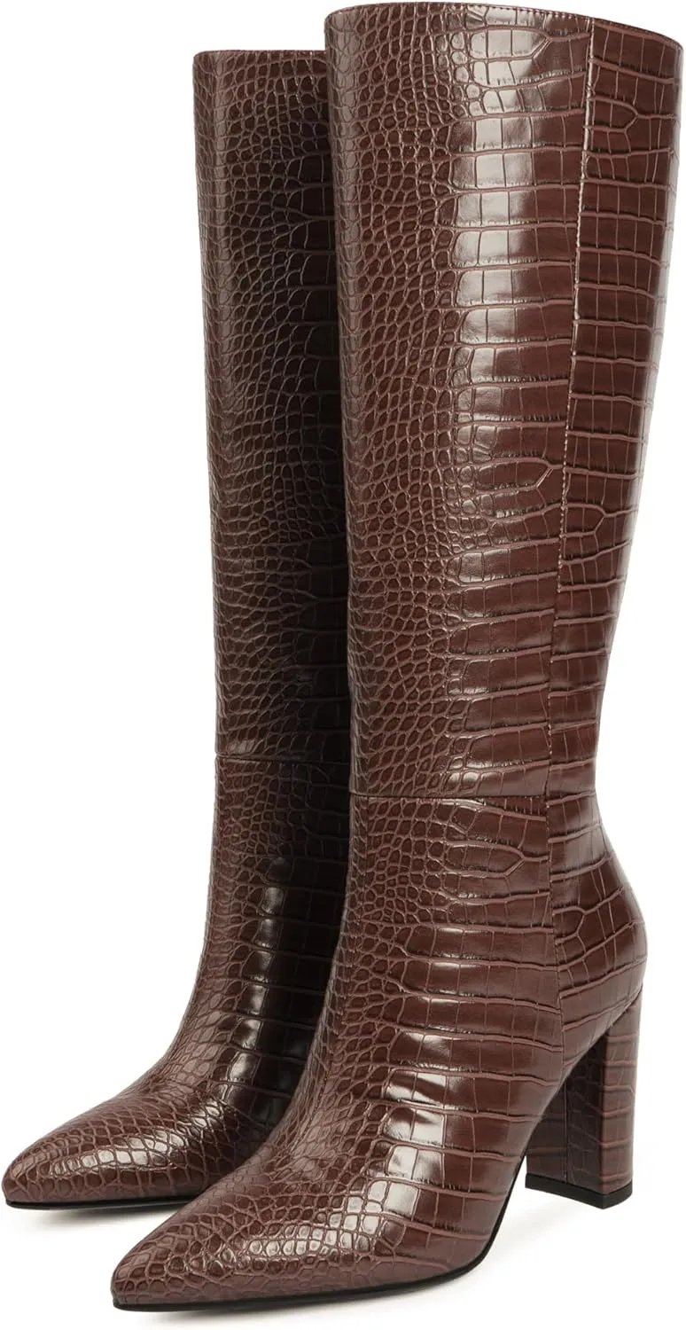 Modatope Knee High Women's Riding Boots - Tall, Long Calf High GoGo Chunky Faux Crocodile Boots - Block Heel Pointed Toe - Size 6-11