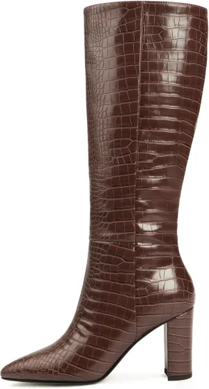 Modatope Knee High Women's Riding Boots - Tall, Long Calf High GoGo Chunky Faux Crocodile Boots - Block Heel Pointed Toe - Size 6-11