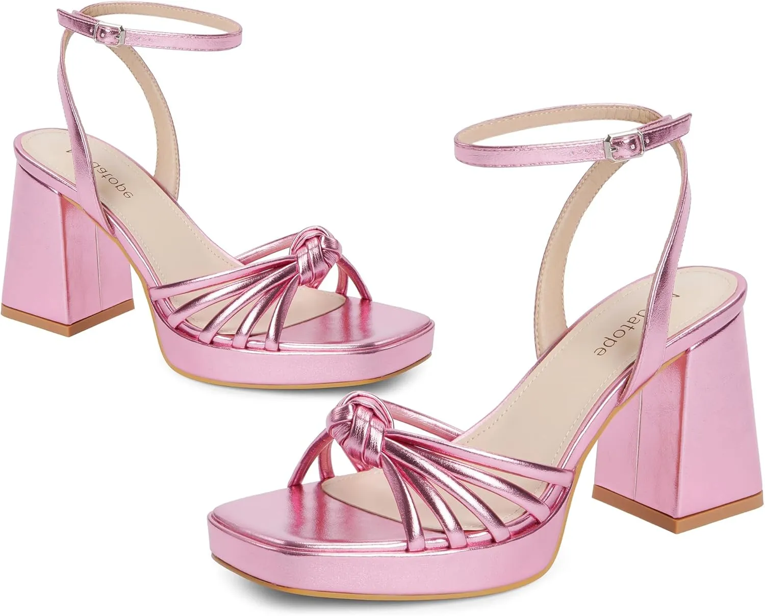 Modatope Platform Bow Sandals for Women Chunky Heel Strappy Platform Heels Square Open Toe Heeled Sandals Ankle Strap Block Heel Sanadals