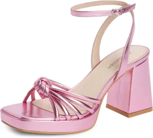 Modatope Platform Bow Sandals for Women Chunky Heel Strappy Platform Heels Square Open Toe Heeled Sandals Ankle Strap Block Heel Sanadals