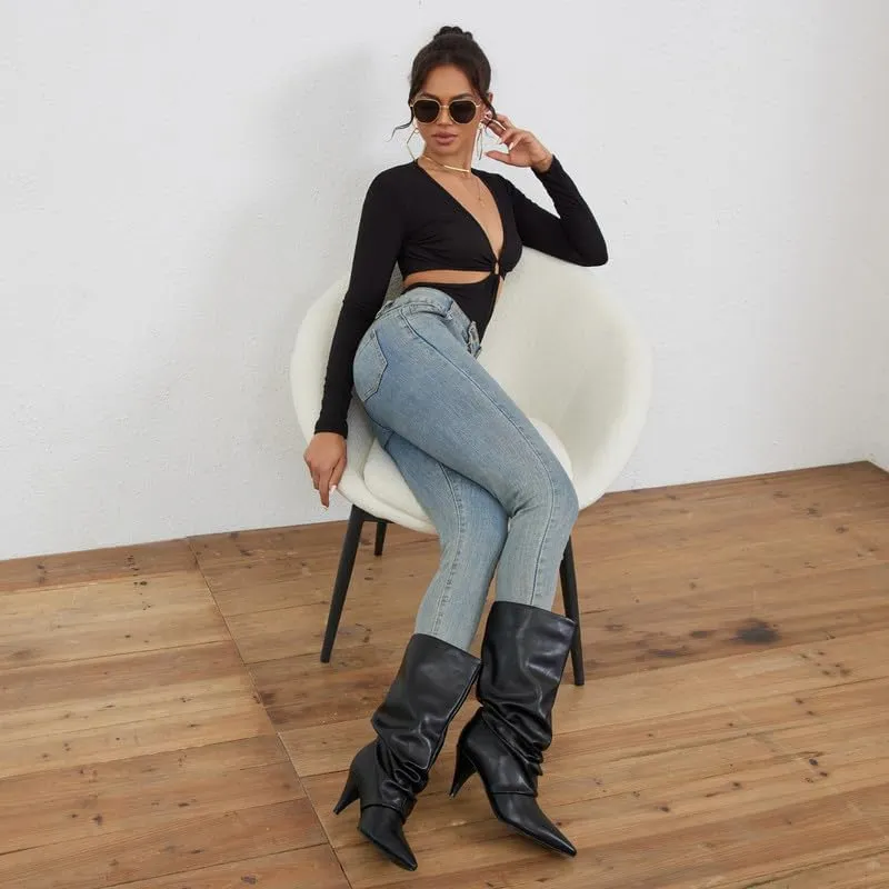 Modatope Slouchy Mid Calf Boots for Women Pointed Toe Chunky Heel Boots Faux Flod Over Slip on Womens Boots