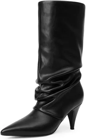Modatope Slouchy Mid Calf Boots for Women Pointed Toe Chunky Heel Boots Faux Flod Over Slip on Womens Boots