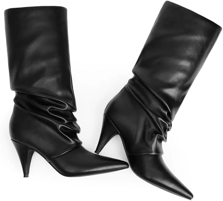 Modatope Slouchy Mid Calf Boots for Women Pointed Toe Chunky Heel Boots Faux Flod Over Slip on Womens Boots