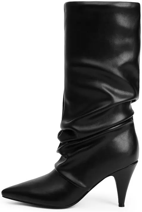 Modatope Slouchy Mid Calf Boots for Women Pointed Toe Chunky Heel Boots Faux Flod Over Slip on Womens Boots