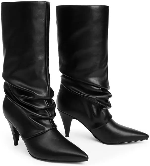 Modatope Slouchy Mid Calf Boots for Women Pointed Toe Chunky Heel Boots Faux Flod Over Slip on Womens Boots