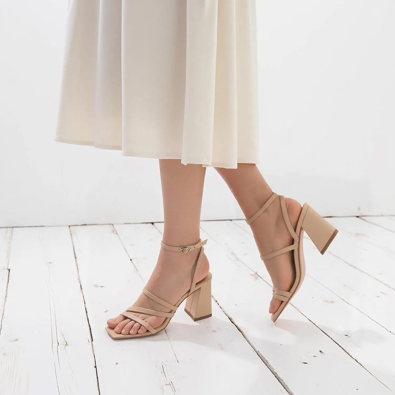 Modatope Women Heeled Sandals Strappy Heels Square Open Toe Chunky Block Heels Ankle Strap Sandals for Women Comfortable Heels