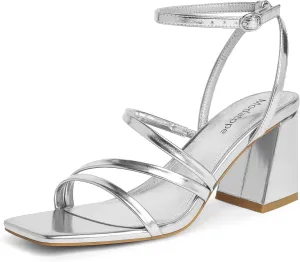 Modatope Women Heeled Sandals Strappy Heels Square Open Toe Chunky Block Heels Ankle Strap Sandals for Women Comfortable Heels
