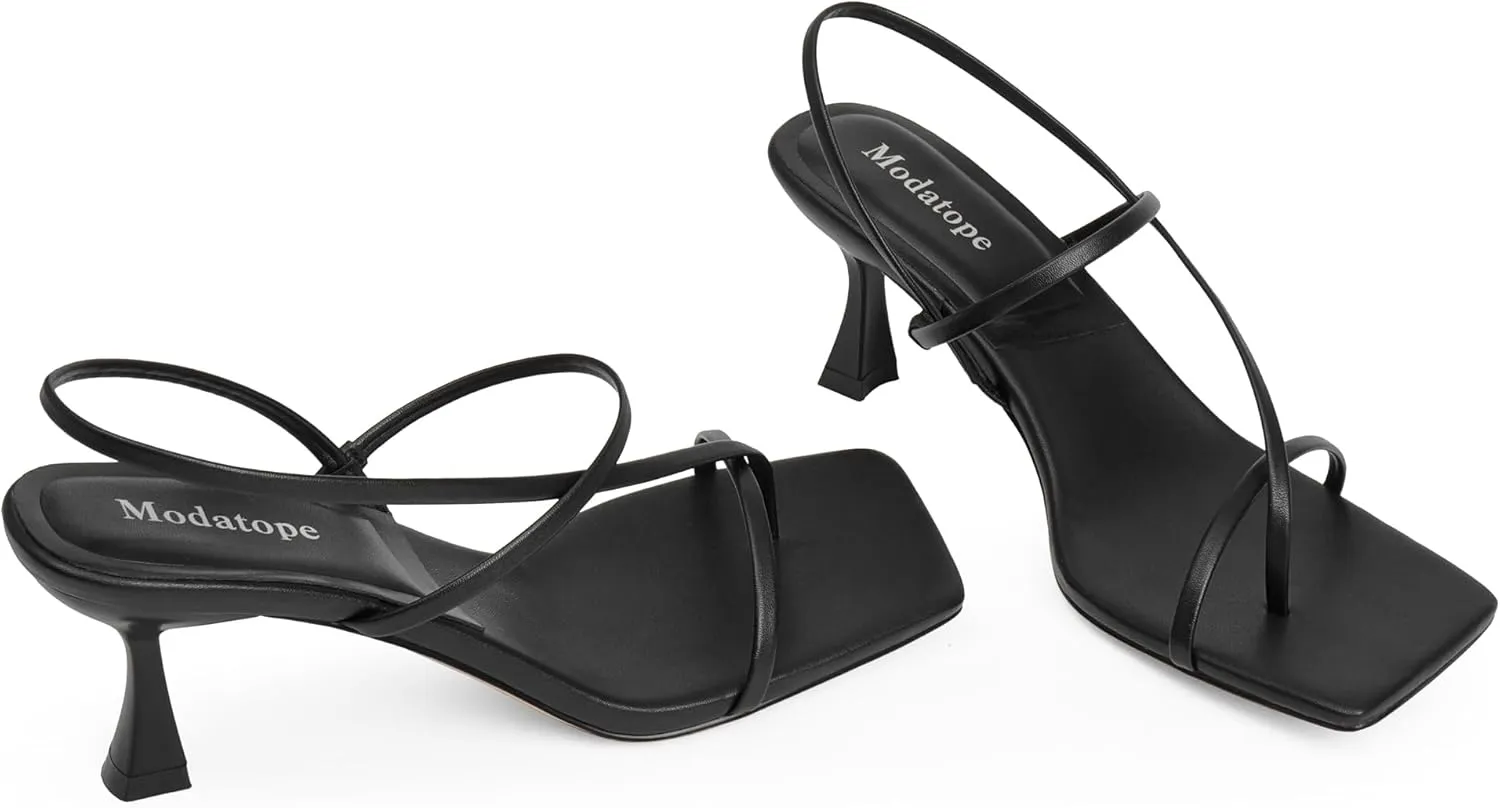 Modatope Womens Kitten Heel Strappy Thong Sandals Square Open Toe Flip Flop Heels