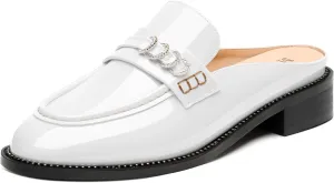 MODENCOCO Mules for Women Low Chunky Heel Slide Mules Closed Round Toe Flats Slip-on Comfort Backless Loafers Mules Patent Fashion Dress Shoes