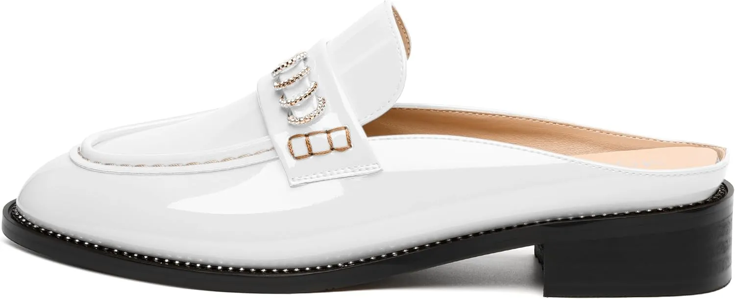 MODENCOCO Mules for Women Low Chunky Heel Slide Mules Closed Round Toe Flats Slip-on Comfort Backless Loafers Mules Patent Fashion Dress Shoes