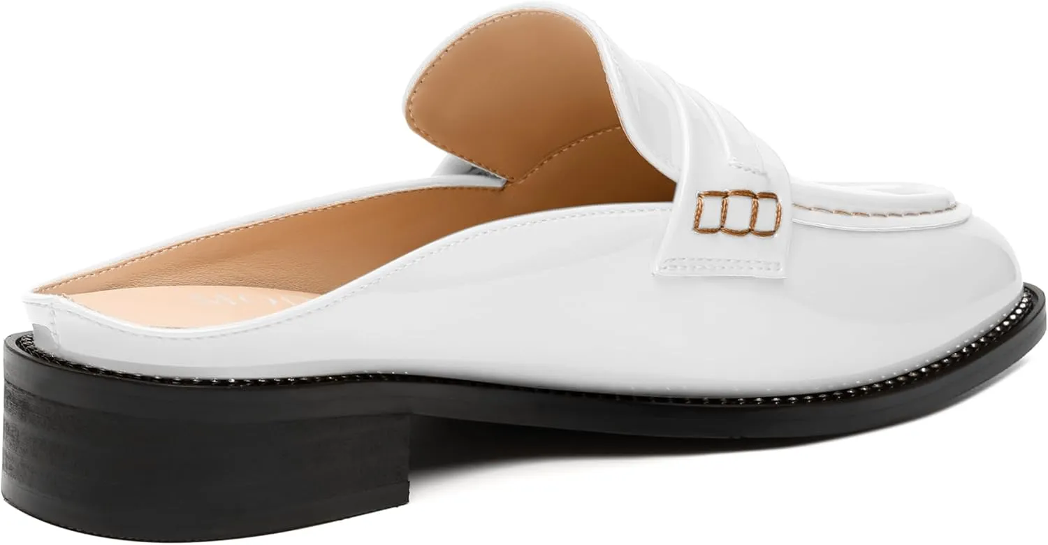 MODENCOCO Mules for Women Low Chunky Heel Slide Mules Closed Round Toe Flats Slip-on Comfort Backless Loafers Mules Patent Fashion Dress Shoes
