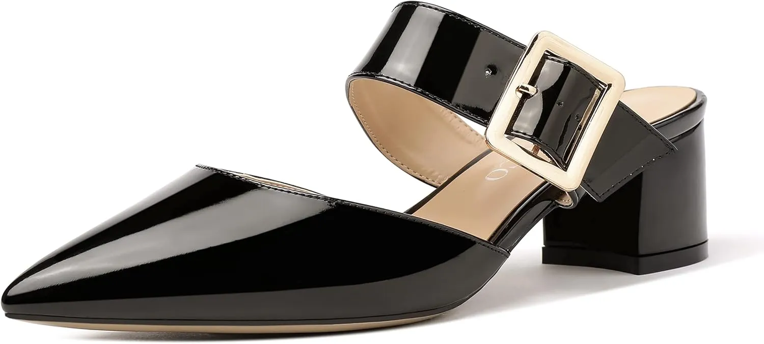 MODENCOCO Women's Adjustable Strap Buckle Patent Solid Pointed Toe Chunky Low Heel Mules Evening Dress Pumps Shoes 2 Inch